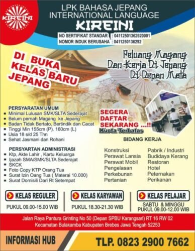 Brosur LPK Kireini Brebes Kelas Bahasa Jepang